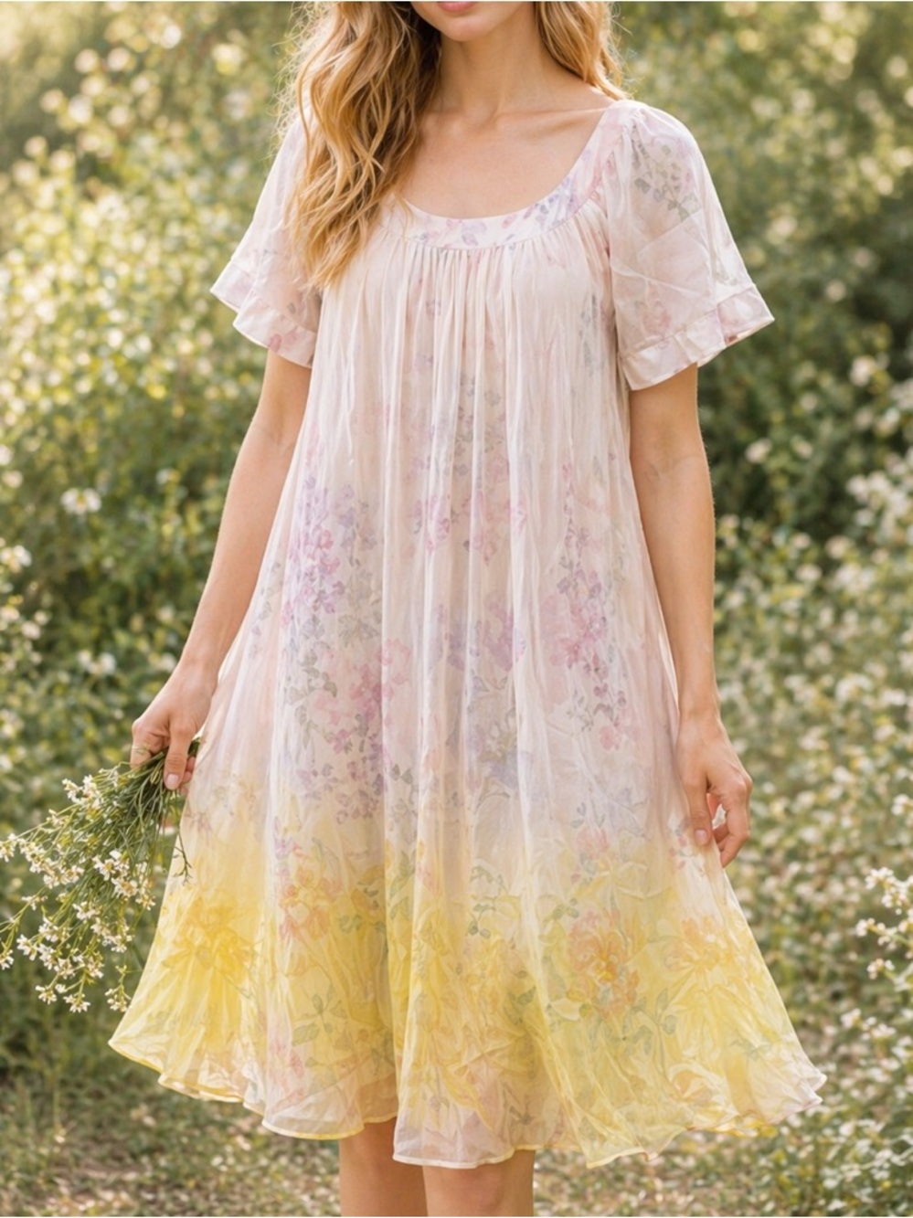 Anthro HD in Paris Floral Ombre Mini Dress Size 6 Yellow Chiffon Cottagecore